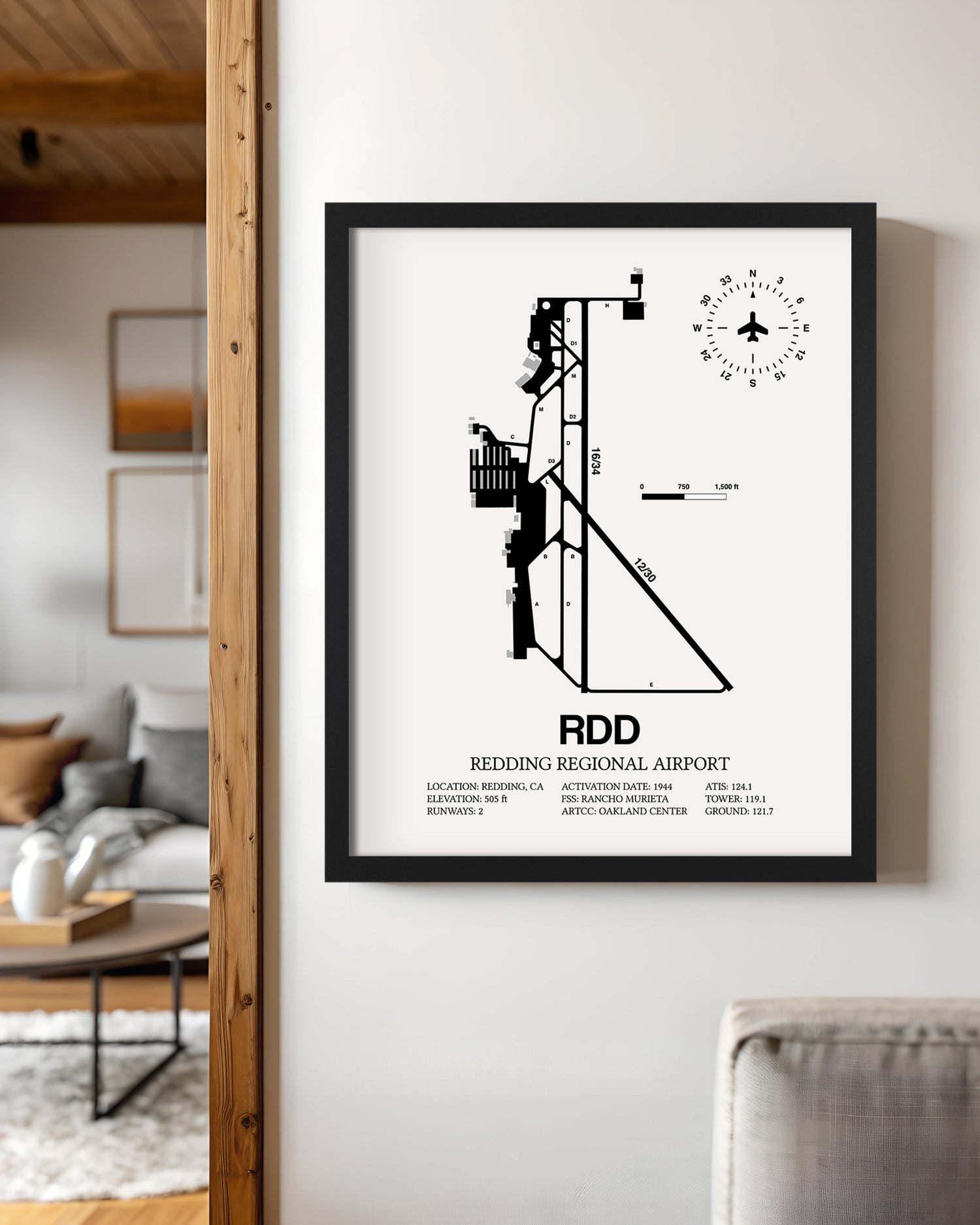 Framed Detailed Airport Map of Redding Regional Airport (RDD) in White with a Black Frame