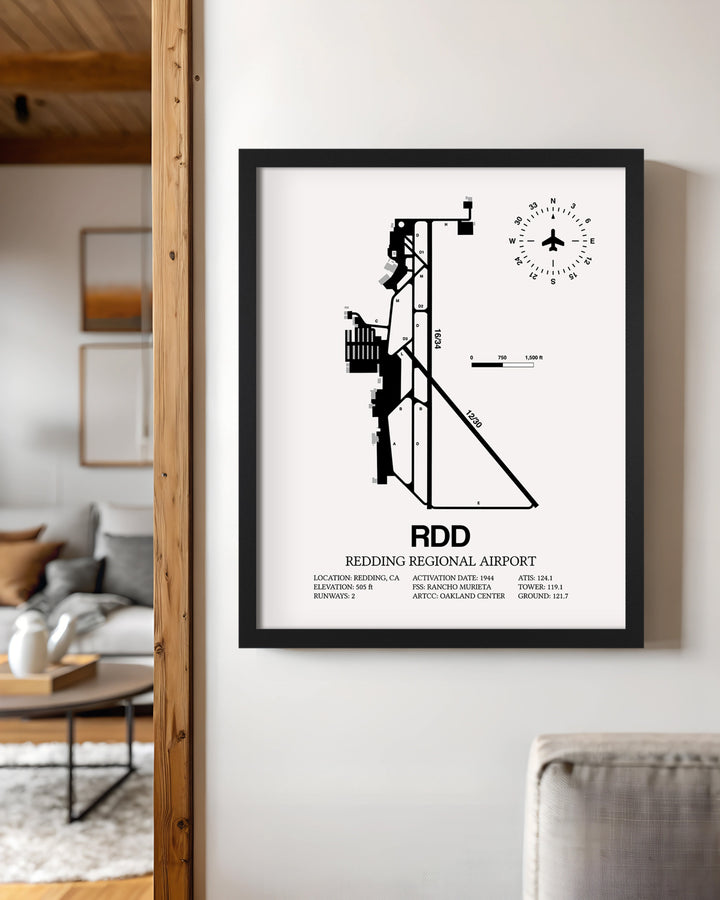 Framed Detailed Airport Map of Redding Regional Airport (RDD) in White with a Black Frame