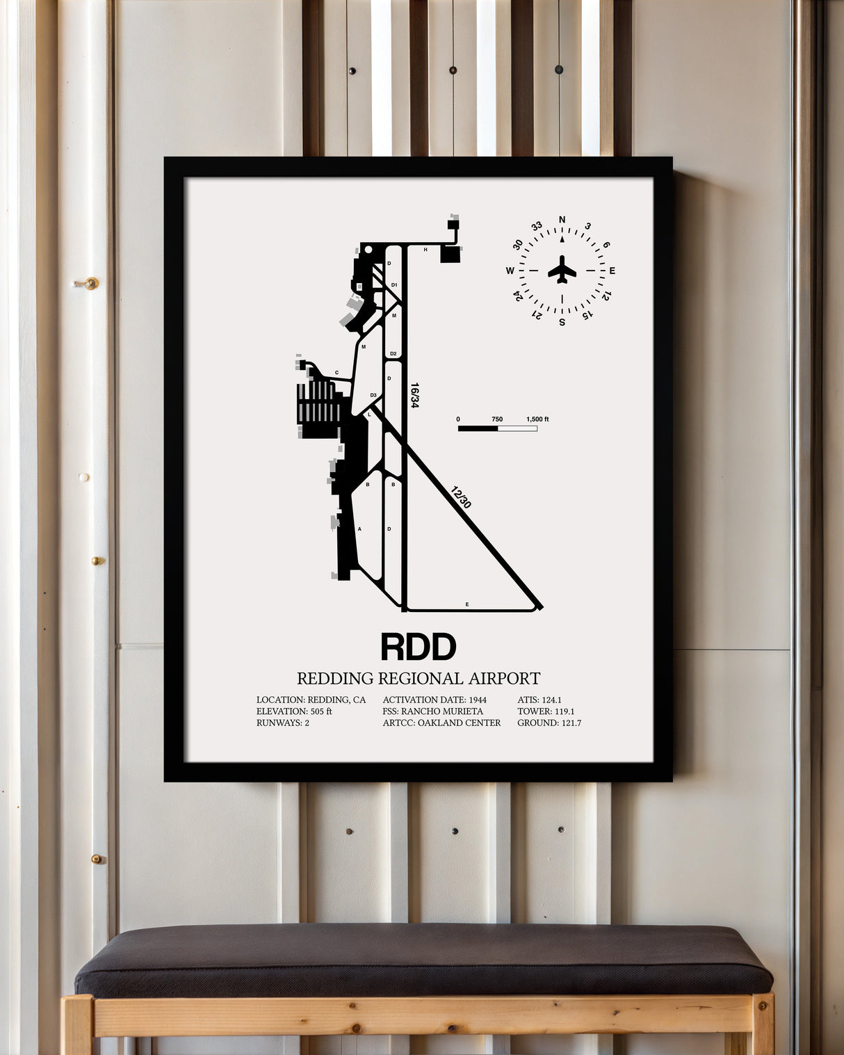 Framed Detailed Airport Map of Redding Regional Airport (RDD) in White with a Black Frame