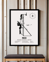 Framed Detailed Airport Map of Redding Regional Airport (RDD) in White with a Black Frame