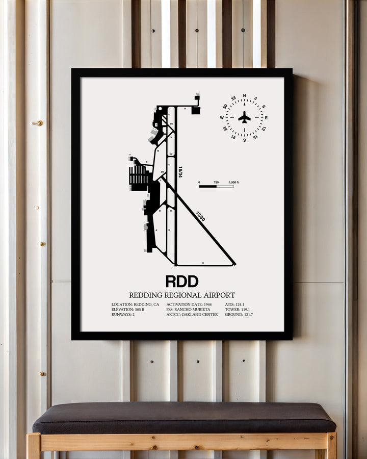 Framed Detailed Airport Map of Redding Regional Airport (RDD) in White with a Black Frame