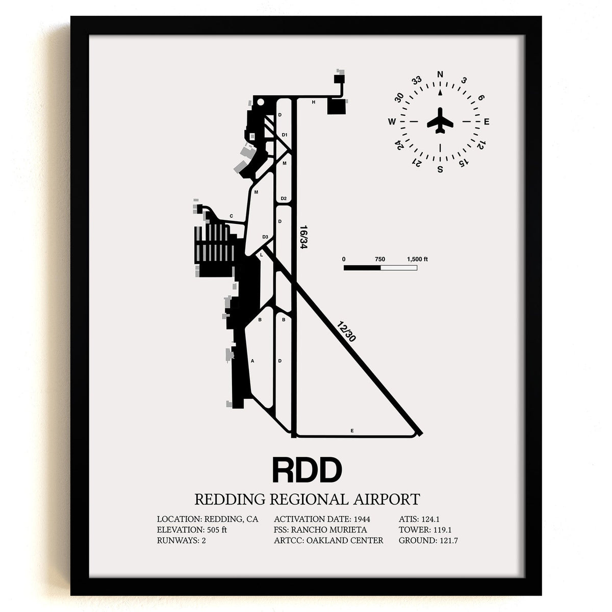 Framed Detailed Airport Map of Redding Regional Airport (RDD) in White with a Black Frame