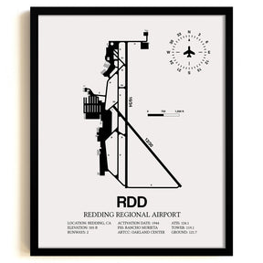 Framed Detailed Airport Map of Redding Regional Airport (RDD) in White with a Black Frame