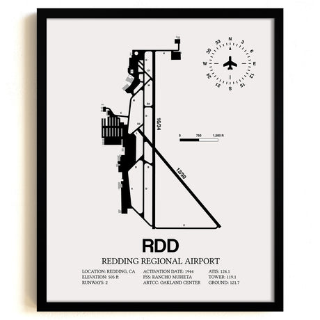 Framed Detailed Airport Map of Redding Regional Airport (RDD) in White with a Black Frame