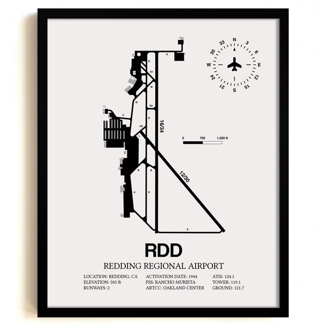 Framed Detailed Airport Map of Redding Regional Airport (RDD) in White with a Black Frame