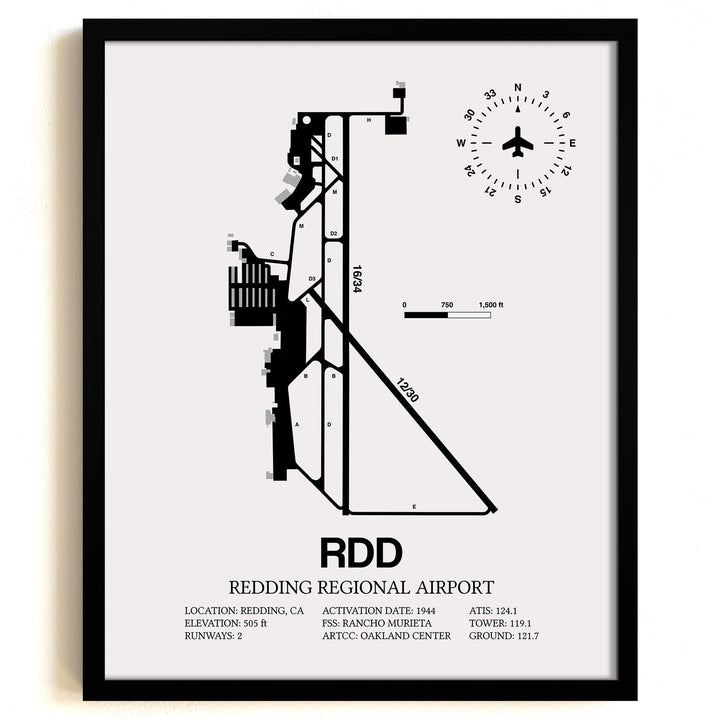 Framed Detailed Airport Map of Redding Regional Airport (RDD) in White with a Black Frame