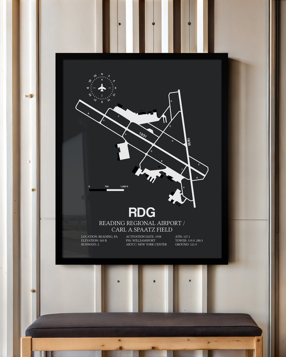 Framed Detailed Airport Map of Reading Regional Airport/Carl A. Spaatz Field (RDG) in Gray with a Black Frame