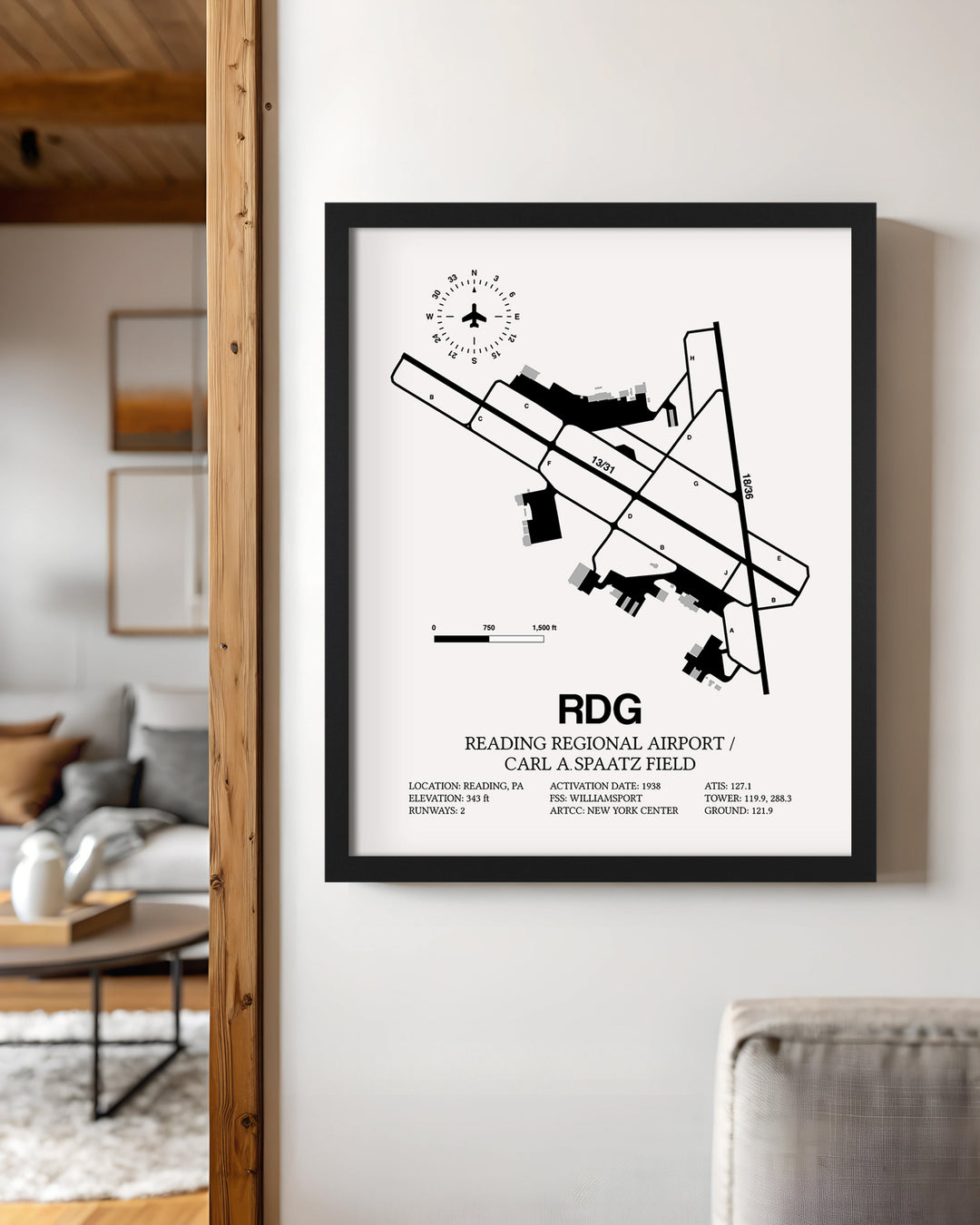 Framed Detailed Airport Map of Reading Regional Airport/Carl A. Spaatz Field (RDG) in White with a Black Frame