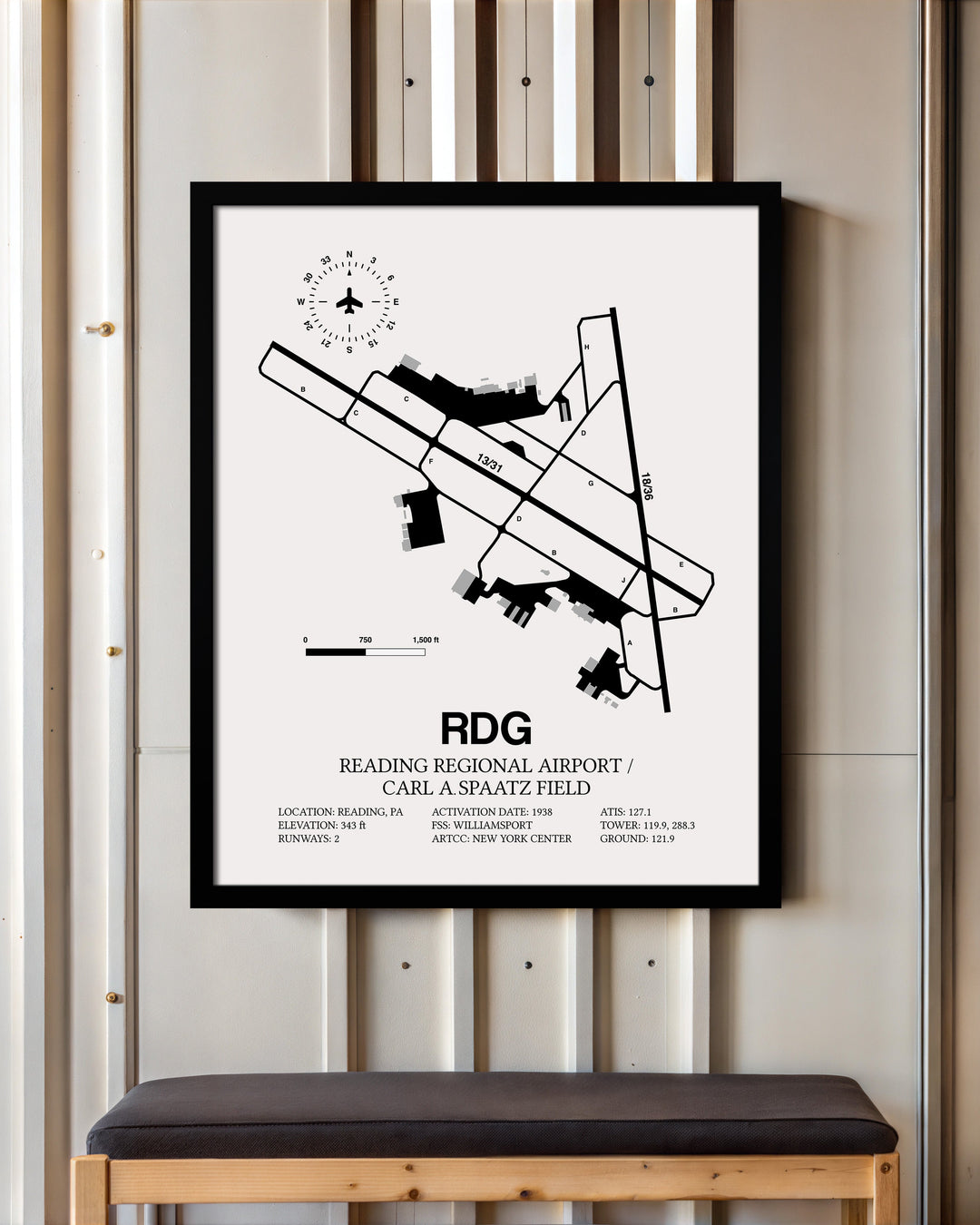 Framed Detailed Airport Map of Reading Regional Airport/Carl A. Spaatz Field (RDG) in White with a Black Frame