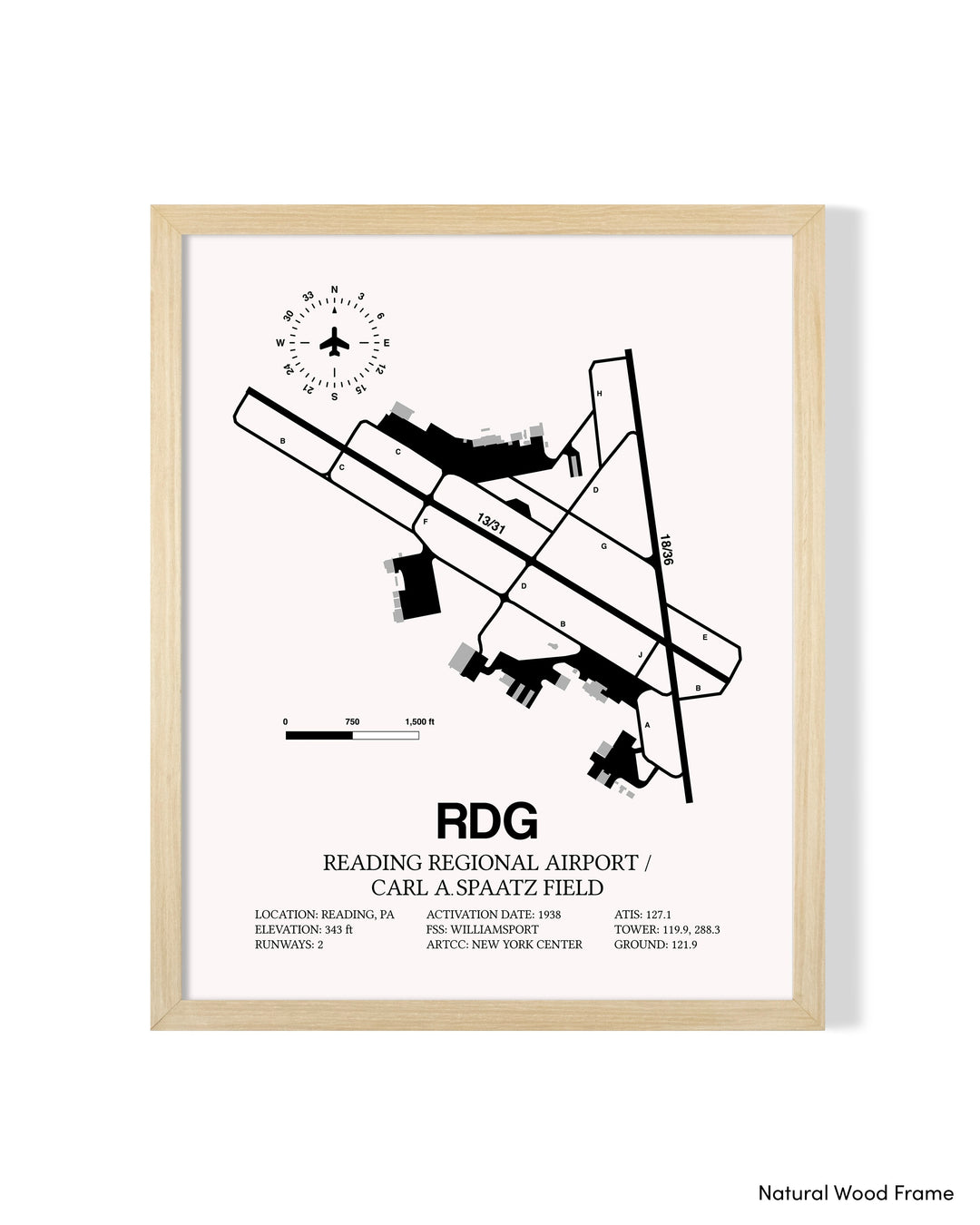 Detailed Airport Map of Reading Regional Airport/Carl A. Spaatz Field (RDG) in White with a Natural Frame