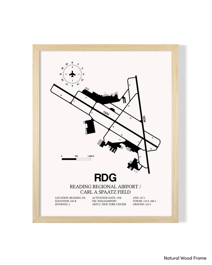 Detailed Airport Map of Reading Regional Airport/Carl A. Spaatz Field (RDG) in White with a Natural Frame