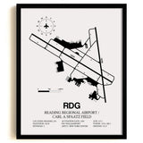 Framed Detailed Airport Map of Reading Regional Airport/Carl A. Spaatz Field (RDG) in White with a Black Frame