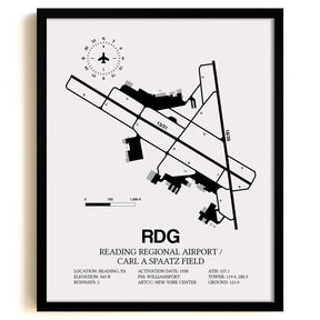 Framed Detailed Airport Map of Reading Regional Airport/Carl A. Spaatz Field (RDG) in White with a Black Frame
