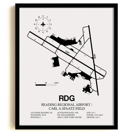Framed Detailed Airport Map of Reading Regional Airport/Carl A. Spaatz Field (RDG) in White with a Black Frame