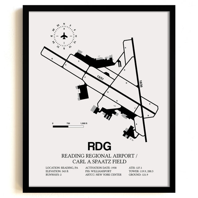 Framed Detailed Airport Map of Reading Regional Airport/Carl A. Spaatz Field (RDG) in White with a Black Frame
