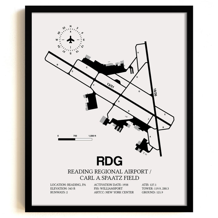 Framed Detailed Airport Map of Reading Regional Airport/Carl A. Spaatz Field (RDG) in White with a Black Frame