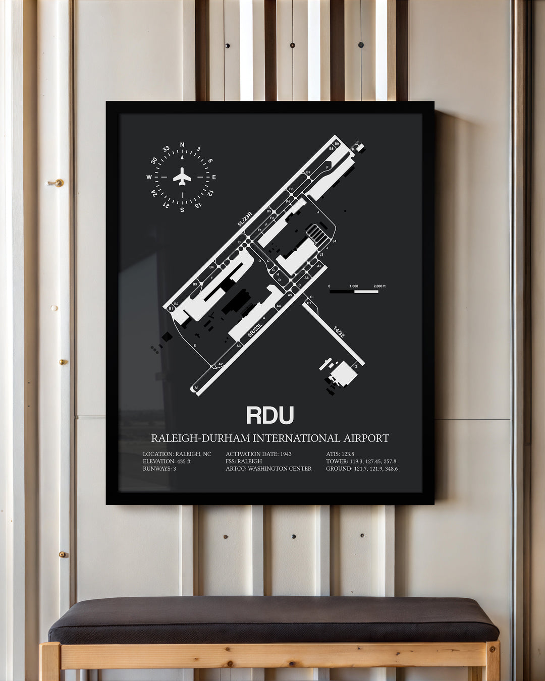 Framed Detailed Airport Map of Raleigh Durham International Airport (RDU) in Gray with a Black Frame