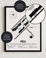 Framed Detailed Airport Map of Raleigh Durham International Airport (RDU) in White with a Black Frame