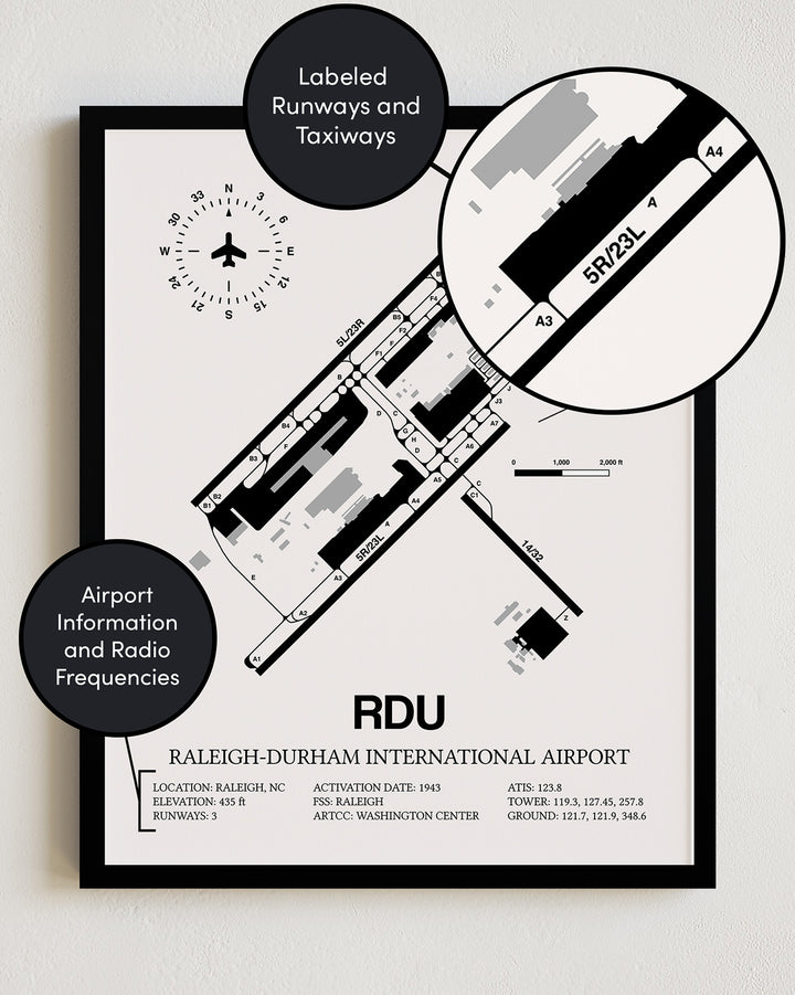 Framed Detailed Airport Map of Raleigh Durham International Airport (RDU) in White with a Black Frame