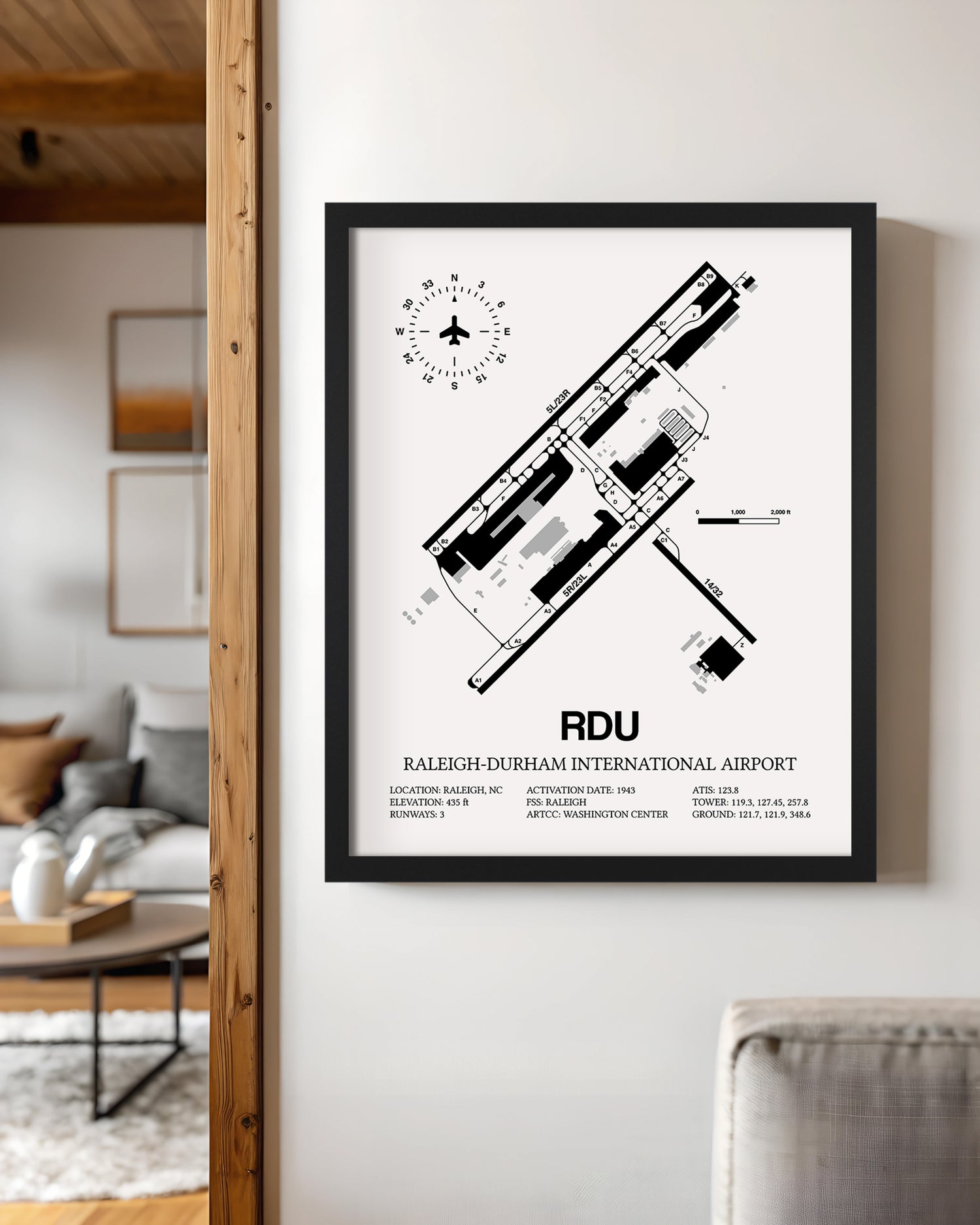 Framed Detailed Airport Map of Raleigh Durham International Airport (RDU) in White with a Black Frame