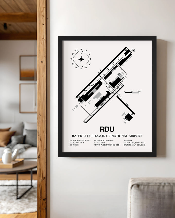 Framed Detailed Airport Map of Raleigh Durham International Airport (RDU) in White with a Black Frame