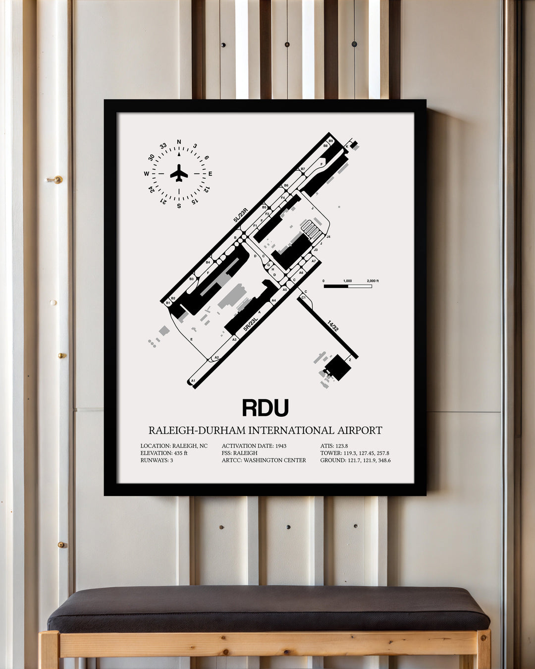 Framed Detailed Airport Map of Raleigh Durham International Airport (RDU) in White with a Black Frame