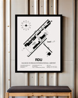 Framed Detailed Airport Map of Raleigh Durham International Airport (RDU) in White with a Black Frame