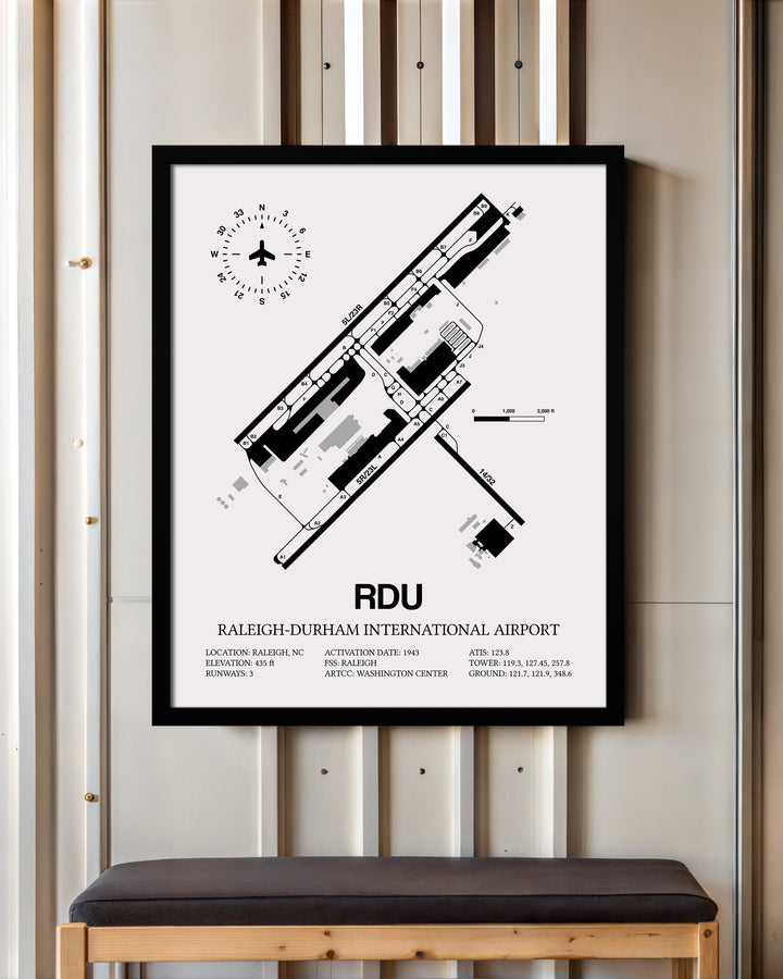 Framed Detailed Airport Map of Raleigh Durham International Airport (RDU) in White with a Black Frame