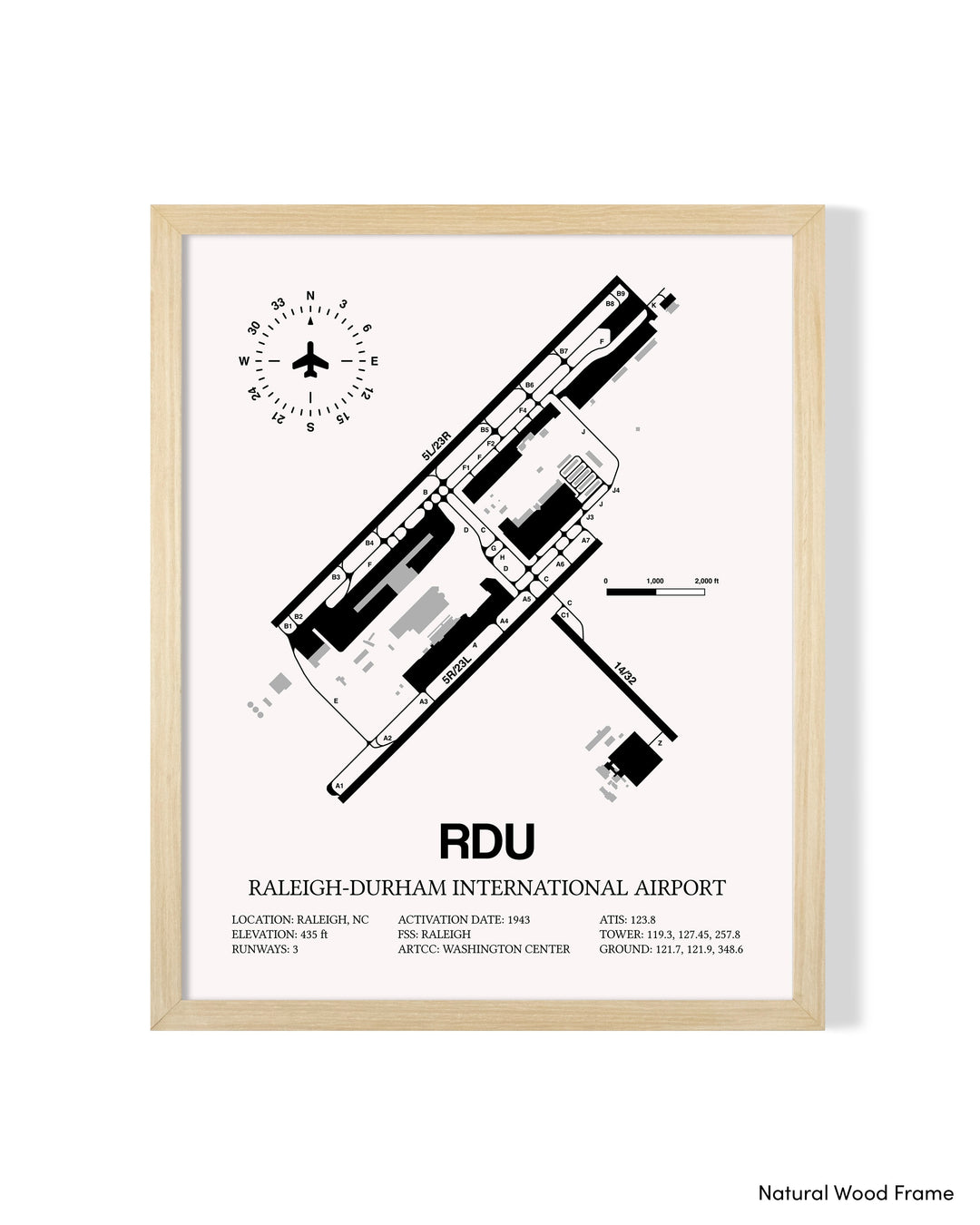 Detailed Airport Map of Raleigh Durham International Airport (RDU) in White with a Natural Frame