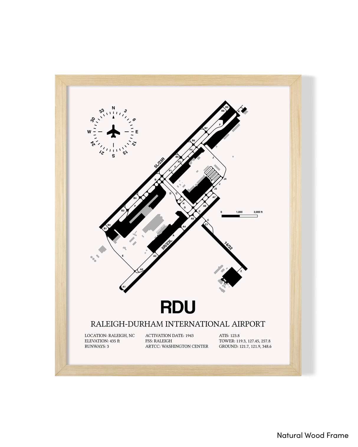 Detailed Airport Map of Raleigh Durham International Airport (RDU) in White with a Natural Frame