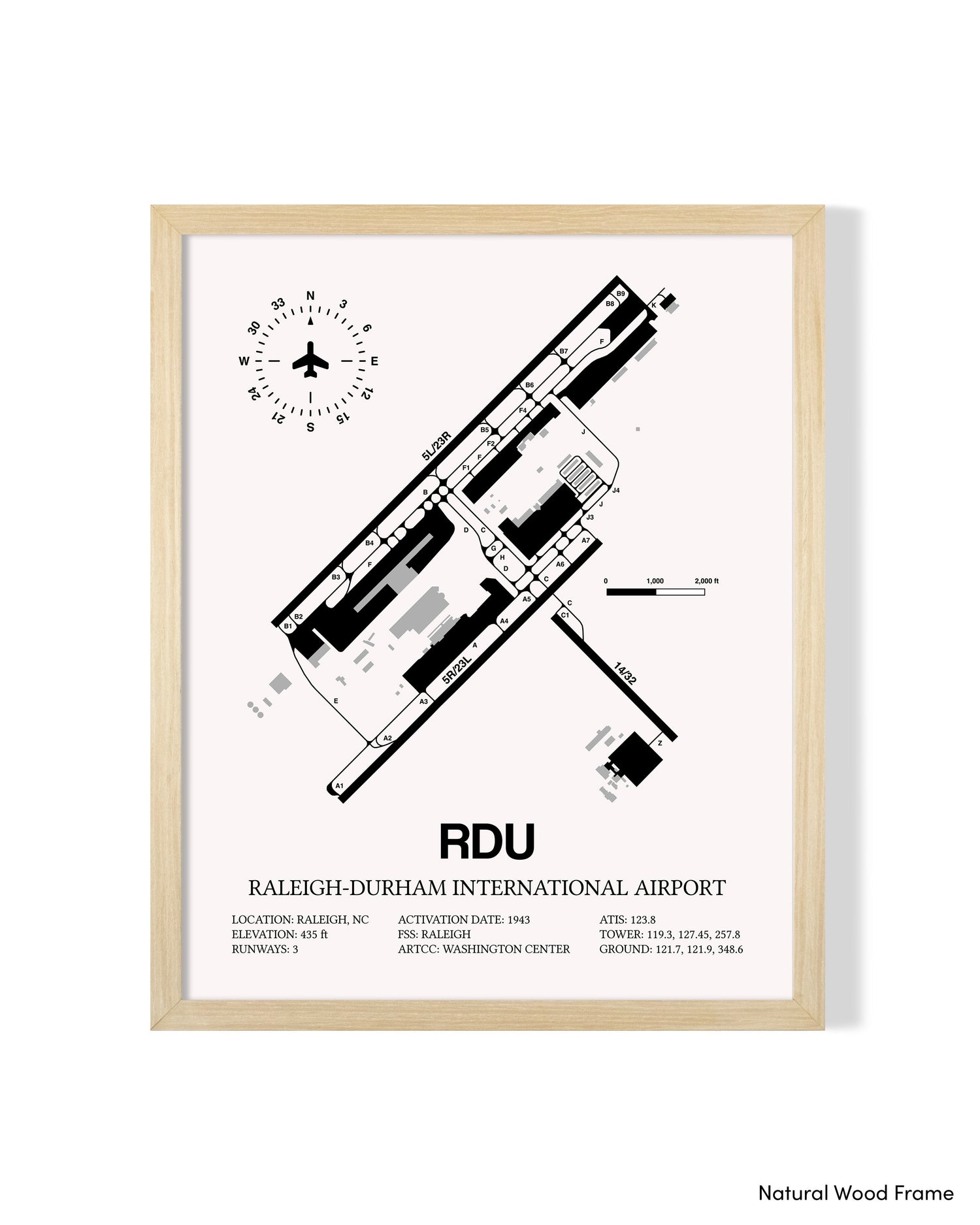 Detailed Airport Map of Raleigh Durham International Airport (RDU) in White with a Natural Frame