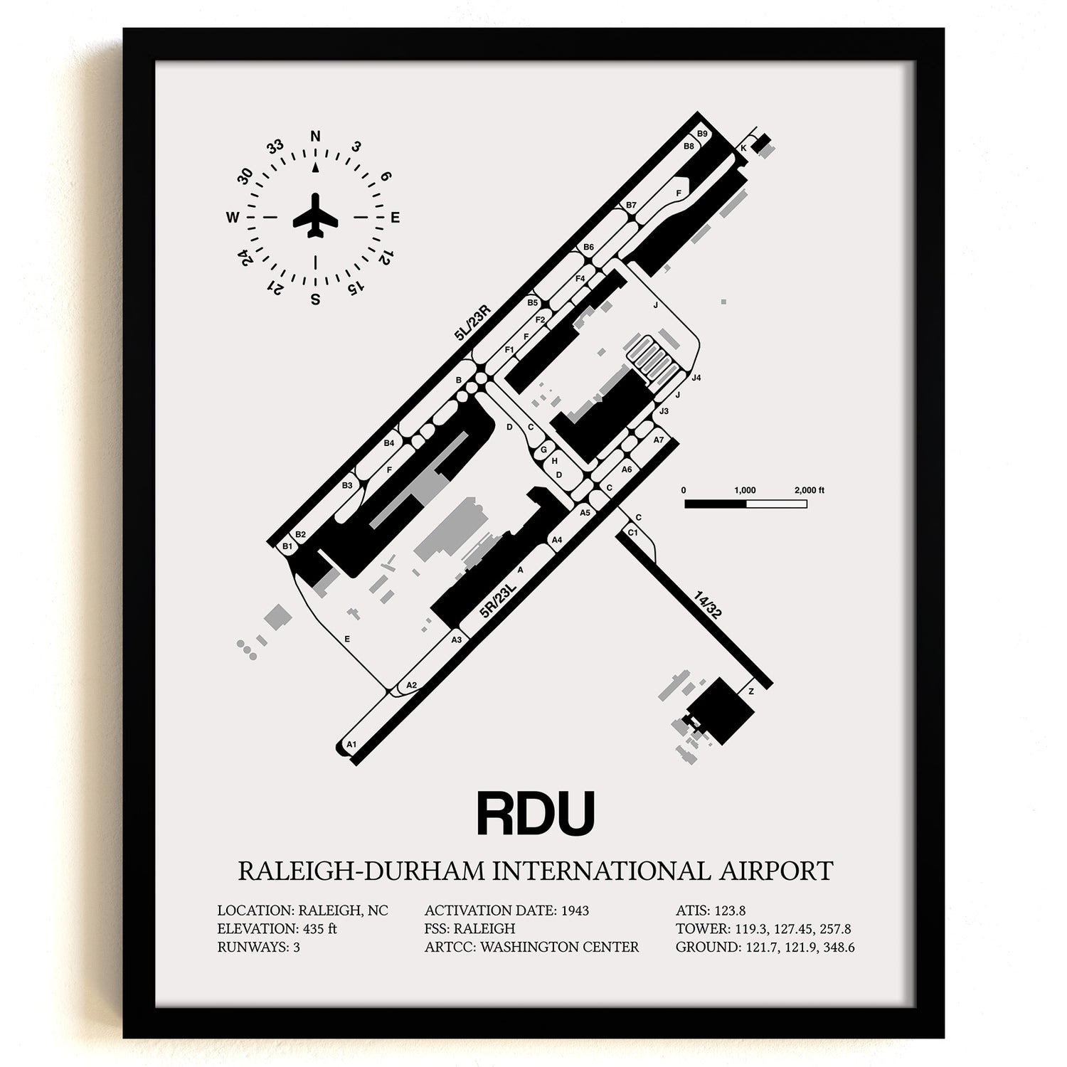 Framed Detailed Airport Map of Raleigh Durham International Airport (RDU) in White with a Black Frame