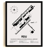 Framed Detailed Airport Map of Raleigh Durham International Airport (RDU) in White with a Black Frame