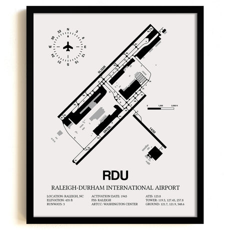 Framed Detailed Airport Map of Raleigh Durham International Airport (RDU) in White with a Black Frame