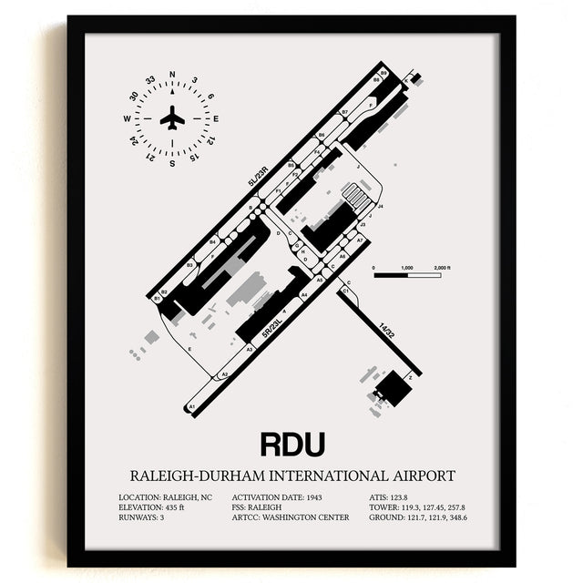 Framed Detailed Airport Map of Raleigh Durham International Airport (RDU) in White with a Black Frame