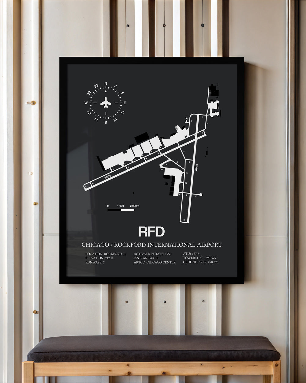 Framed Detailed Airport Map of Chicago/Rockford International Airport (RFD) in Gray with a Black Frame