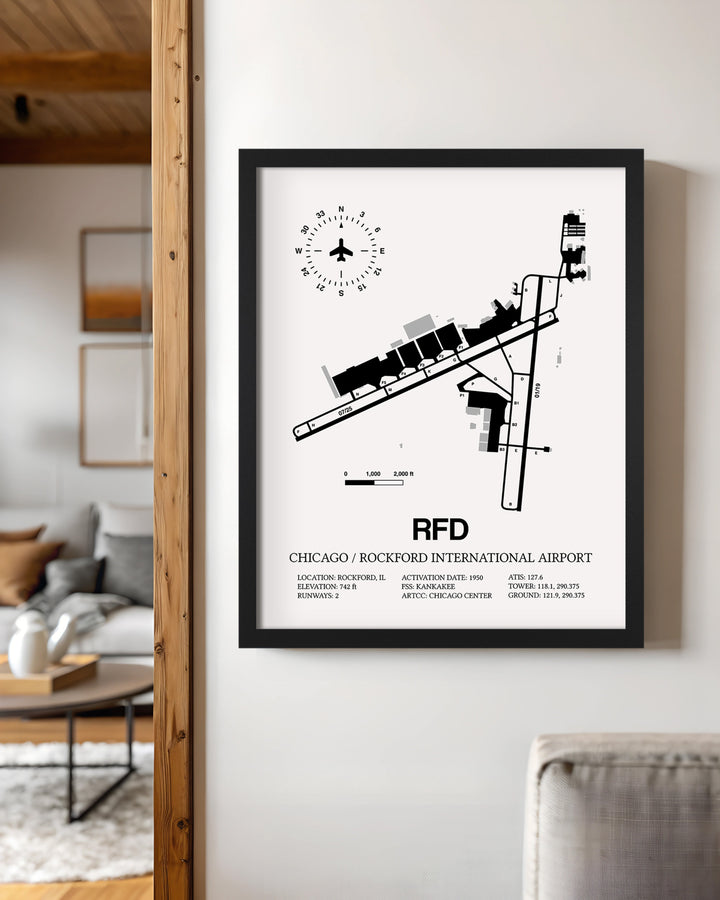 Framed Detailed Airport Map of Chicago/Rockford International Airport (RFD) in White with a Black Frame