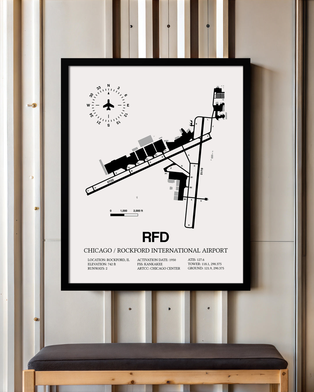 Framed Detailed Airport Map of Chicago/Rockford International Airport (RFD) in White with a Black Frame