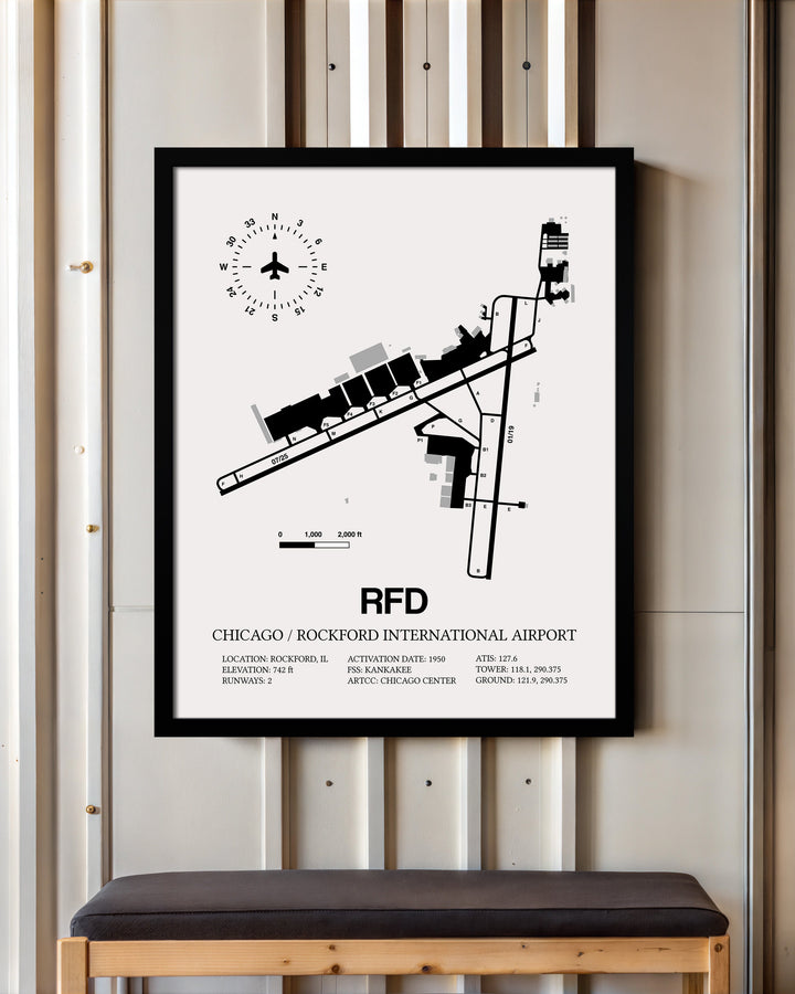 Framed Detailed Airport Map of Chicago/Rockford International Airport (RFD) in White with a Black Frame