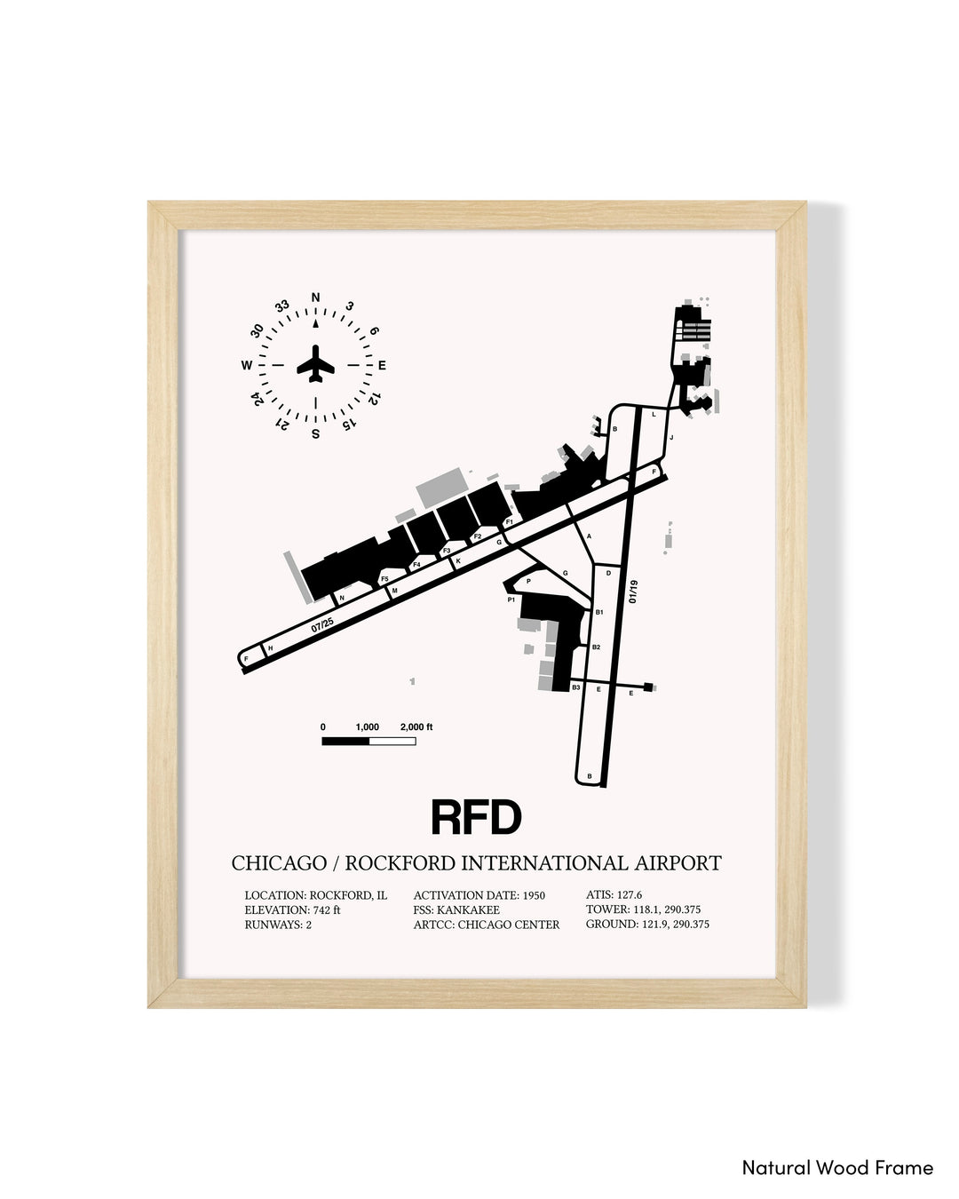 Detailed Airport Map of Chicago/Rockford International Airport (RFD) in White with a Natural Frame