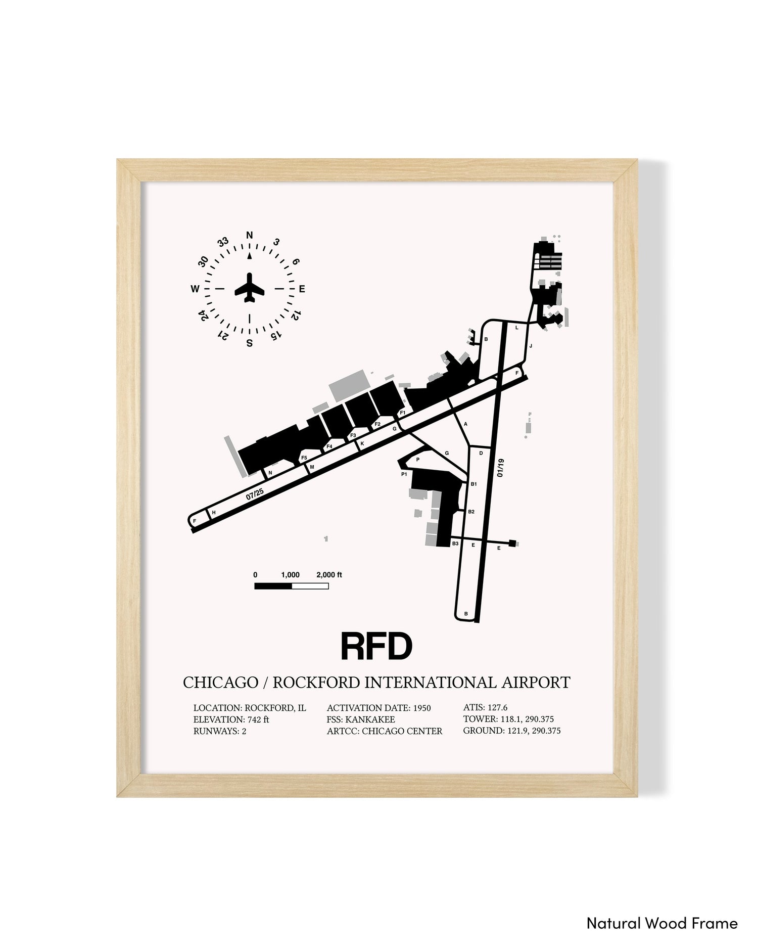 Detailed Airport Map of Chicago/Rockford International Airport (RFD) in White with a Natural Frame