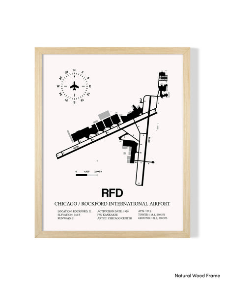 Detailed Airport Map of Chicago/Rockford International Airport (RFD) in White with a Natural Frame