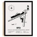 Framed Detailed Airport Map of Chicago/Rockford International Airport (RFD) in White with a Black Frame