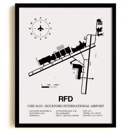 Framed Detailed Airport Map of Chicago/Rockford International Airport (RFD) in White with a Black Frame