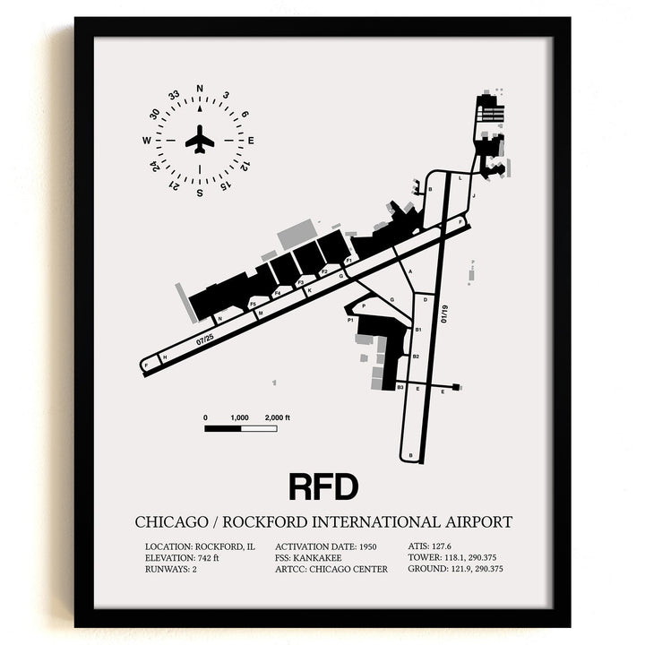 Framed Detailed Airport Map of Chicago/Rockford International Airport (RFD) in White with a Black Frame