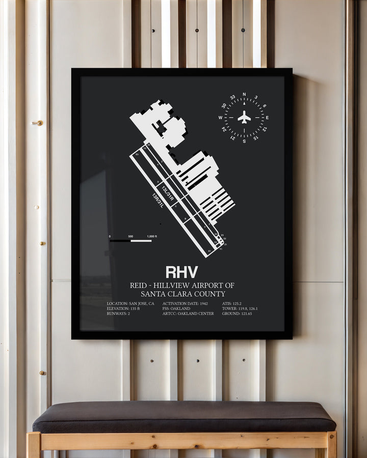 Framed Detailed Airport Map of Reid-Hillview Airport of Santa Clara County (RHV) in Gray with a Black Frame