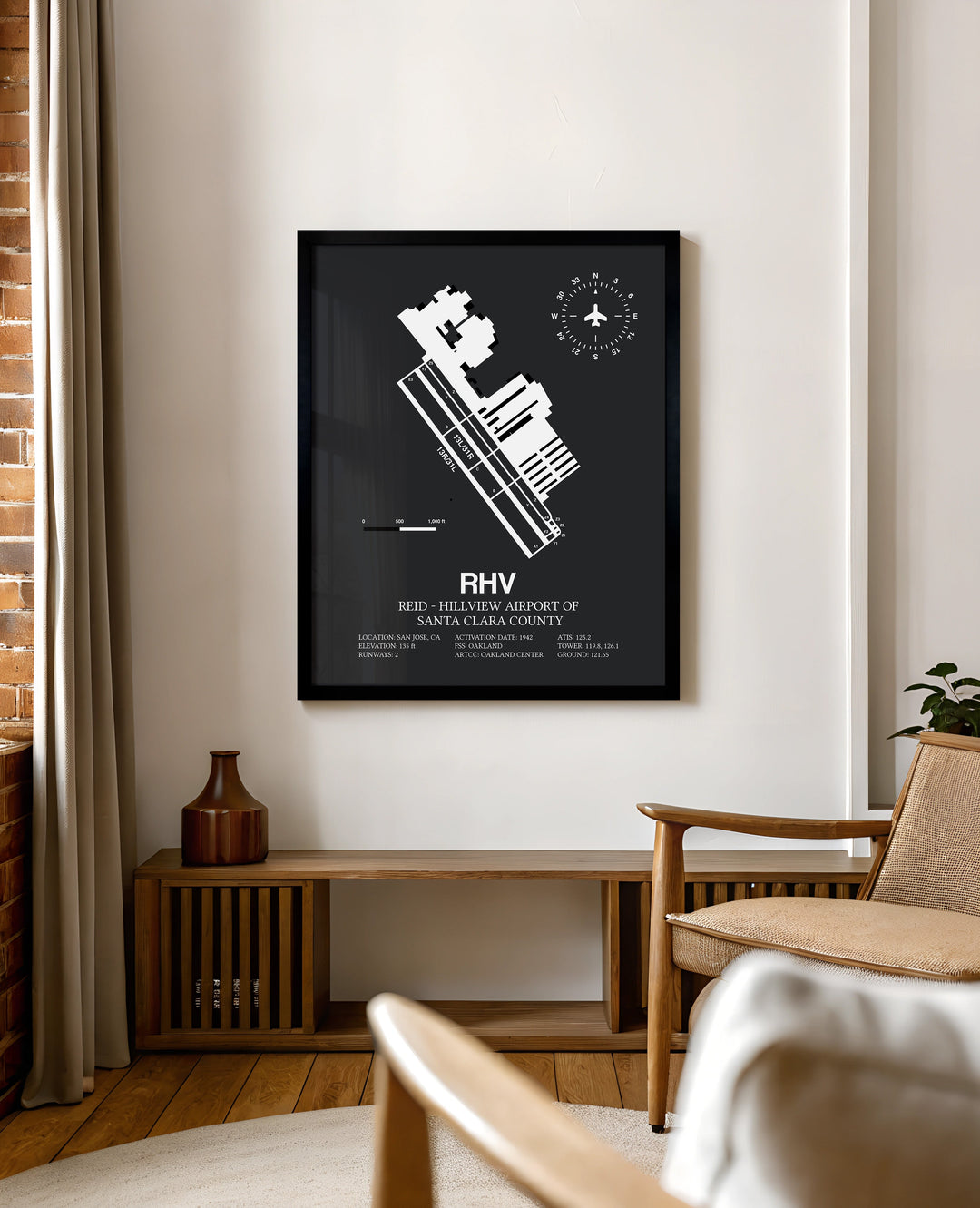 Framed Detailed Airport Map of Reid-Hillview Airport of Santa Clara County (RHV) in Gray with a Black Frame