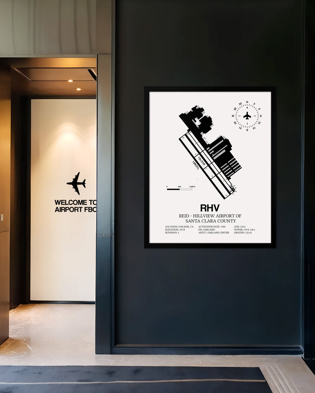 Framed Detailed Airport Map of Reid-Hillview Airport of Santa Clara County (RHV) in White with a Black Frame