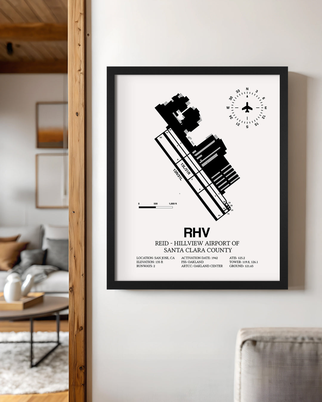 Framed Detailed Airport Map of Reid-Hillview Airport of Santa Clara County (RHV) in White with a Black Frame