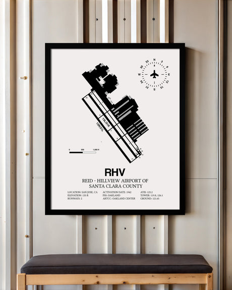 Framed Detailed Airport Map of Reid-Hillview Airport of Santa Clara County (RHV) in White with a Black Frame